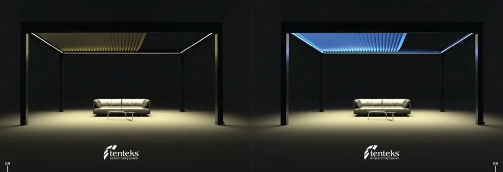 תאורת LED חד-צבעית ו-RGB בפרגולת SKYTEKS
